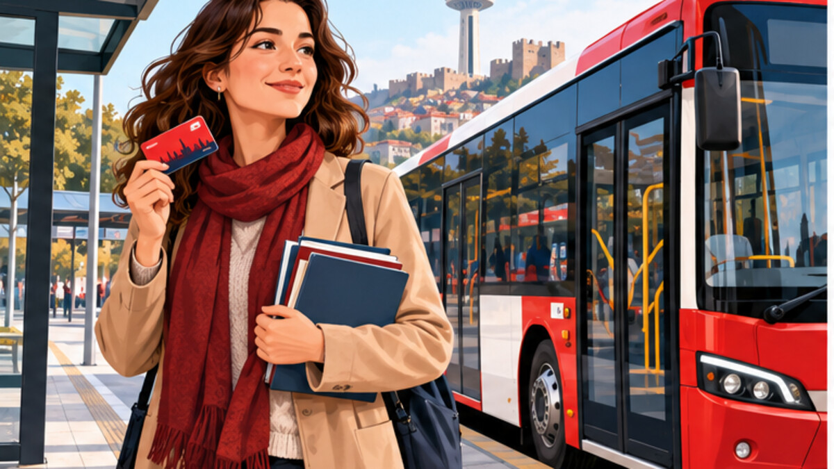 Original editorial illustration of an international teacher holding a transit card beside an Ankara city bus