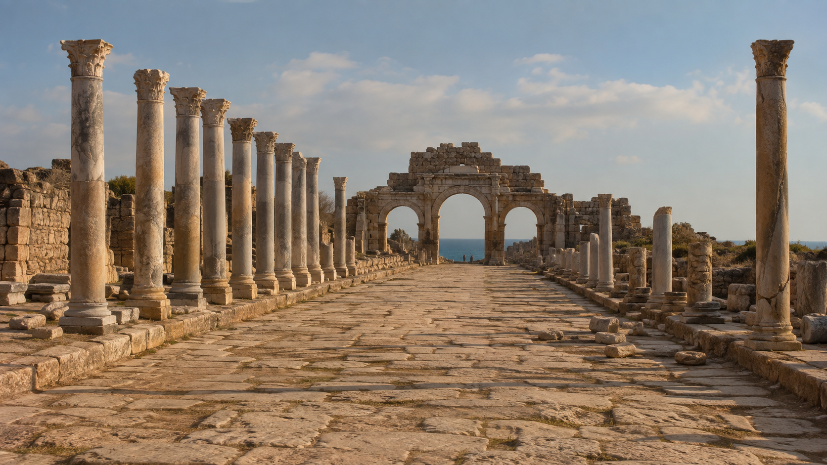 Original Turkey Compass architectural illustration of Side's 390-metre ancient avenue and Heracles Gate