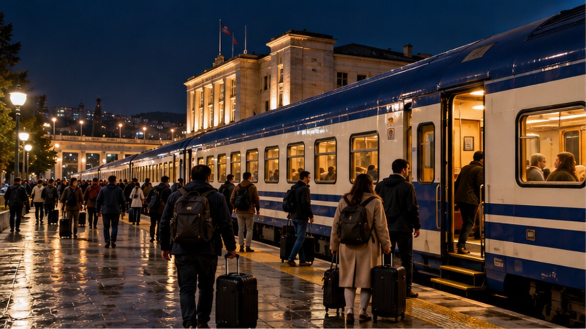 Original editorial image of the Karaelmas tourist train departing Ankara at night
