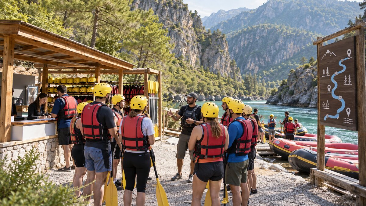 Organisierter Rafting-Anlaufpunkt in einem türkischen Flusstal