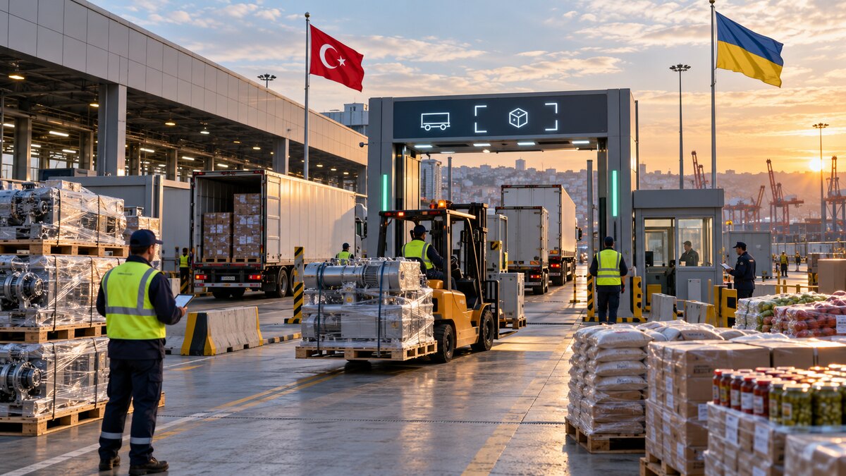 Originales redaktionelles Bild eines modernen Zoll- und Logistikzentrums mit türkischer und ukrainischer Flagge