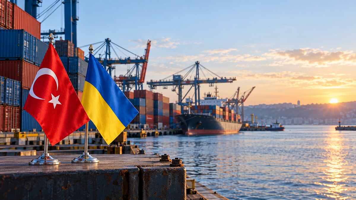 Original editorial image of Turkish and Ukrainian flags at a Black Sea container port